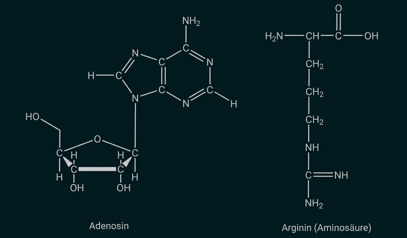 Strukturformeln von Adenosin und der Aminosäure Arginin.